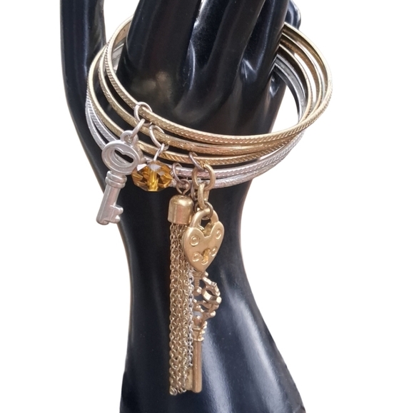 Gold & Silver Tone Charm Bangle Stack - Tassel, Key, & Heart Lock Dangles - Picture 2 of 9
